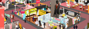 A rendering of a bustling trade show