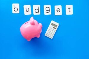A piggy bank next to a calculator under a sign that says budget in front of a blue background